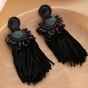 NEW! Boho Black Statement Tassel Fringe Dangling Beads Post Earrings